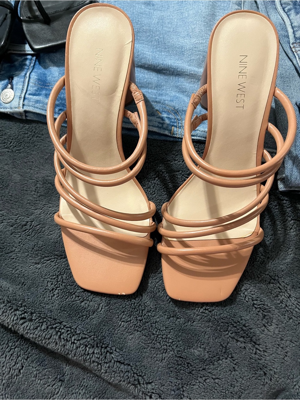 Nine West Nude/Tan Multi-Strap Square-Toe Heeled Mules